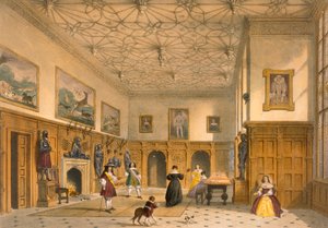 グランドホールでのバットゲーム、サセックス州パラムパーク、「中世の建築」から1600年頃、1838年発行