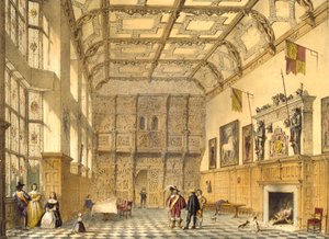 グレートホール、ハットフィールド、バークシャー、1600、「中世の建築」、1838年からの図