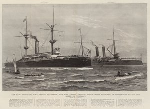 クイーンズ女王が木曜日にポーツマスで打ち上げた新しいアイアンクラッド、HMSロイヤルソブリン、HMSロイヤルアーサー