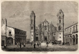 キューバのハバナのカテドラル。1859年、リチャード・ダナ（1815-1882）のキューバ島への航海を説明するためにナヴレが描いたもの。パリの "Le tour du monde, nouveau journal des voyages "に掲載されたエングレーヴィング。 作： Joseph Navlet
