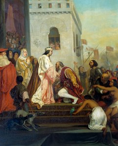 1493年にバルセロナで行われたスペイン王フェルディナンド2世（アラゴン家）とイザベラ1世（カスティーリャ家）によるクリストファー・コロンブス（1451-1506）のレセプション。 探検家は捕虜となったインディアンを連れて戻ってきます。詳細ジョセフ・ニコラ・ロベール・フルーリーの絵画（1