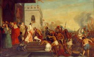 1493年、スペイン王フェルディナンド2世（アラゴン）とイザベラ1世（カスティーリャ）（カトリック）によるクリストファー・コロンブス（1451-1506）のバルセロナでの歓迎会 探検家は捕虜となったインディアンを連れて戻ってきます。ジョセフ・ニコラ・ロベール・フルーリー（1797-1890）による絵画