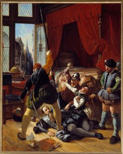宗教の戦争"Scene de la Saint Barthelemy, assassination of Briou, the Prince of Conti, 24/08/1572" ジョセフ・ニコラ・ロベール・フルーリー（1797-1890）の絵画 1833年日。1,64x1,3 m 作： Joseph Nicolas Robert Fleury