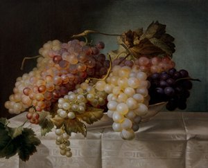 磁器の皿にぶどうのある静物