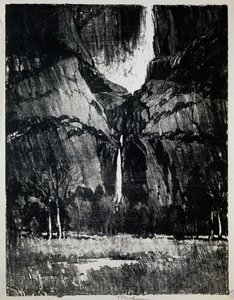 ジョセフ・ペネル（1857-1926）の「滝のふもとで」、エングレーヴィング 作： Joseph Pennell