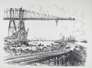 フランスの運河とアメリカのクレーン、1912年 作： Joseph Pennell