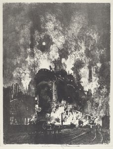 夜の炉、1916年。 作： Joseph Pennell