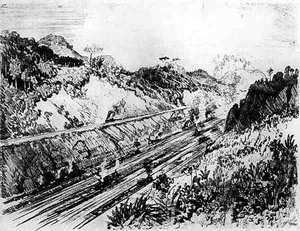 In the Cut at Las Cascades、ジョセフペネル作のパナマ運河からのプレートXII、1912年（紙に木炭）