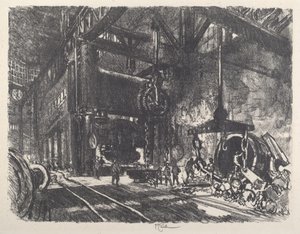 ブロブディングナグの国で、装甲板曲げプレス、1917年。 作： Joseph Pennell