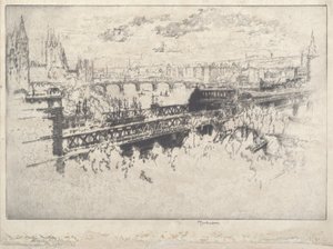 チャリング クロス橋を渡るロンドン 作： Joseph Pennell
