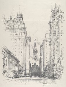 スプルース・ストリートからブロード・ストリートを見上げる、1912年。 作： Joseph Pennell