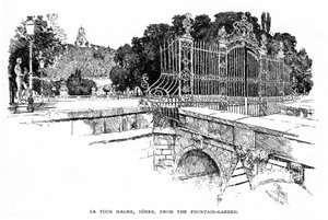 ニーム（ラングドック地方、ガール）：1888年、フォンテーヌ庭園から見たマグヌの塔（エングレーヴィング） 作： Joseph Pennell
