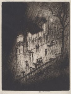 雨の夜、チャリングクロスショップス 作： Joseph Pennell