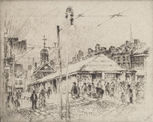 セカンド ストリート マーケット、フィラデルフィア、1920 年。 作： Joseph Pennell