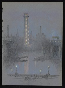 堤防からの常夜灯付きのショットタワー 作： Joseph Pennell