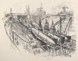 ドライドックの潜水艦（1917年 作： Joseph Pennell