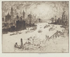 ウィリアムズバーグ橋からの夕日 作： Joseph Pennell