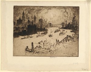 ウィリアムズバーグ橋からの夕日 作： Joseph Pennell