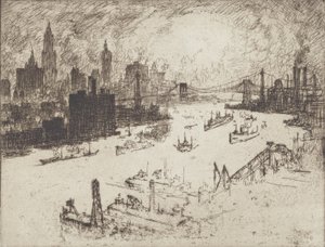 日没、ウィリアムズバーグ橋から、1915 年。 作： Joseph Pennell