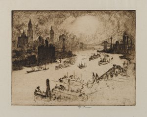 ウィリアムズバーグ橋からの夕日、1915 作： Joseph Pennell