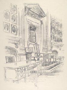 テーブルと椅子、独立記念館の署名者の部屋、1912年 作： Joseph Pennell