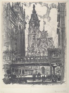 市庁舎とマーケット ストリートを渡る橋 作： Joseph Pennell