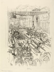 イギリス戦争シリーズ：W.441。ガンショップ、1916 作： Joseph Pennell