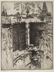 ガードゲート、ガトゥンロック、パナマ、1912年（紙にエッチング） 作： Joseph Pennell