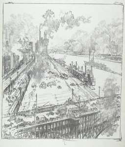 セントルイスのイーズ橋からの堤防 作： Joseph Pennell