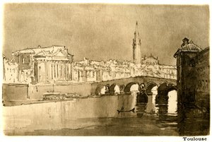 トゥールーズ、ガロンヌ河。ジョセフ・ペネル(1857-1926)の水彩画をもとにしたエングレーヴィングで、ヘンリー・ジェイムズの著書 "A little tour in France" Edition Heinemann 1900（仏題："Voyage en France" and "Un petit tour en Languedoc"）の挿絵を描いている。 作： Joseph Pennell