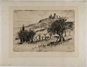 サン ジミニャーノの塔、城壁の外 作： Joseph Pennell