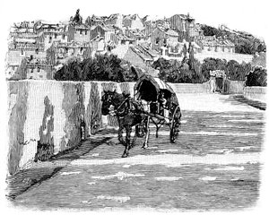 馬車とフランスのミディ村（南）。ジョセフ・ペネルによる1888年のエングレーヴィング（詳細）。 作： Joseph Pennell