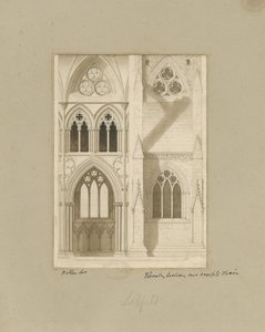 リッチフィールド大聖堂の内部-身廊：セピア色の描画 作： Joseph Potter