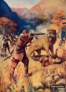 大きなライオンが男性の1人に湧きました、1909年 作： Joseph Ratcliffe Skelton