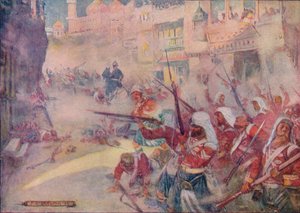 英国の兵士たちは通りを通って彼らの道を戦っているのを見られました、1908、c1920。 作： Joseph Ratcliffe Skelton