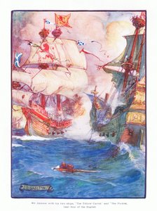 アンドリュー卿と彼の2隻の船、イエローカーベルとフラワーは1910年に5隻のイギリス艦を打ち負かしました。 作： Joseph Ratcliffe Skelton