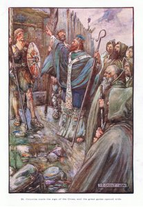 聖コロンバは十字架のしるしを作り、大きな門は1910年に大きく開いた 作： Joseph Ratcliffe Skelton