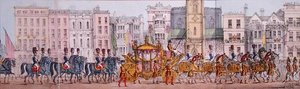 1837年11月9日にロンドン市内を通過したヴィクトリア女王のロイヤル・プログレスのパノラミックな表現（リトグラフ）（詳細 作： Joseph Robins