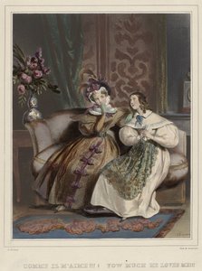 女性たち。 ファッショナブルなギャラリー、カリフォルニア州。 1830: 彼は私を愛している!!! (...) 作： Joseph Rose Lemercier