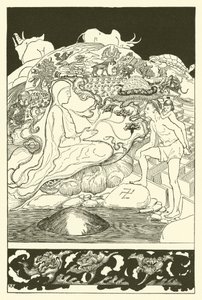 長老マジシャンが男とその娘に話しかけている間に逃げ出すカニのパウアンマ（彫刻 作： Joseph Rudyard (after) Kipling