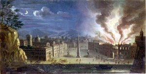 夜になると建物が燃えるイタリア風港町の広場 作： Joseph Ruiz