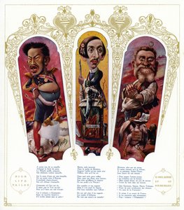 風刺画。明治天皇、モーリス・バール（フランスの作家・国粋主義政治家）、ジャン・ジョール（フランスの政治家）（カラーリトグラフ 作： Joseph Sirat