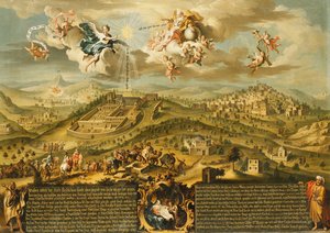 1752年に描かれたカルトゥーシュの下のマギの旅、上の三位一体、キリスト降誕とベツレヘムの眺め