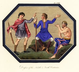 アングロサクソンの男性用衣装、9世紀と10世紀、1853年（彫刻） 作： Joseph Strutt