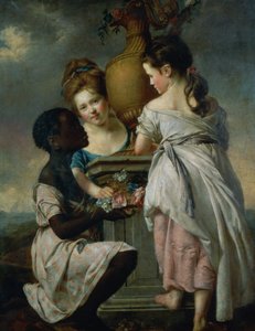 女の子、または黒人の召使いと二人の女の子の間の会話、1770 作： Joseph Wright of Derby