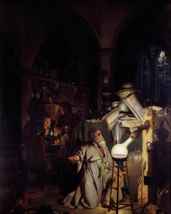 哲学的な石を発見しようと誘惑する錬金術師 ジョセフ・ライト・オブ・ダービー（1734-1797）の絵画 18世紀 Sun.1,27 X 1,01m ダービー、ダービー博物館 作： Joseph Wright of Derby