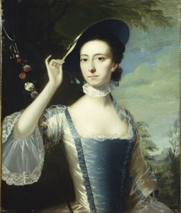 風景の中の花の花輪で女性の肖像 作： Joseph Wright of Derby