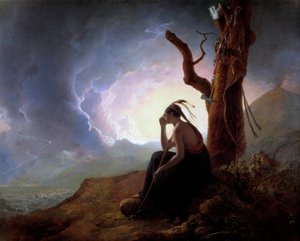 インディアンの酋長の未亡人が夫の武器を見守る様子 ダービーのジョセフ・ライト（1734-1797）による絵画 1785年 Derby, Derby museum 作： Joseph Wright of Derby
