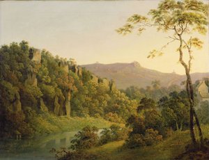 マトロックデールで見る、ブラックロックエスカープメントに向かって、c.1780-5（キャンバスに油彩） 作： Joseph Wright of Derby