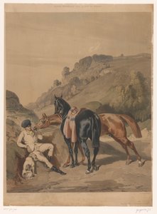 風景の中でライダーを休んでいる 2 頭の馬 アルフレッド・ドリューの後の馬（シリーズタイトル） Motifs équestres d